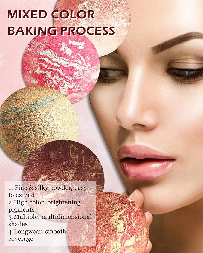 Baked Powder Blush, Glow Marbleized Blusher Powder Palette,Lightweight Shimmery Cruelty-Free face Blush for Cheeks,Eyeshadow & Highlight,Makeup Gift for Women rubores de maquillaje(0.49Ounce)-04