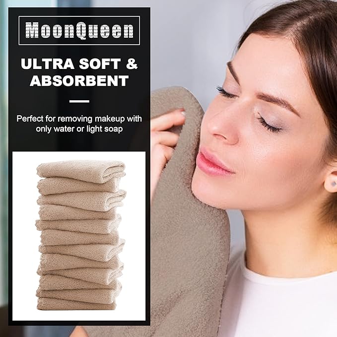 MOONQUEEN Microfiber Facial Cloths Fast Drying Washcloth 12 Pack - Premium Soft Makeup Remover Cloths - Brown