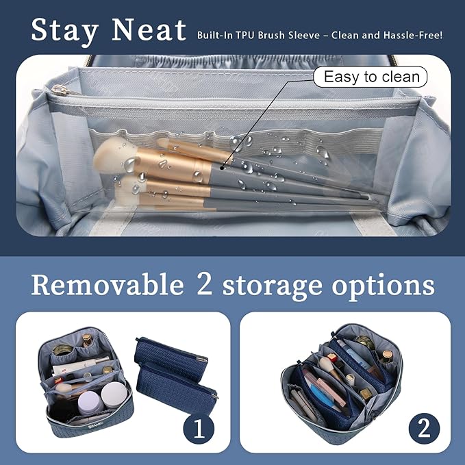 BOYATU Travel Makeup Bags for Women: Large Cosmetic Bag - 3 Set Make up Bags with Compartments - Vegan Leather Makeup Organizer Wide Open Portable Pouch (L20 Blue)