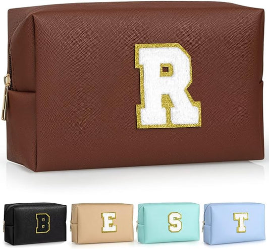 TOPEAST Cosmetic Travel Bags for Women, Preppy Small Makeup Bag, PU Leather Waterproof Toiletry Bag, Unique Friendship Gifts for Friends Coworker, Cute Stuff for Girls (Brown R)