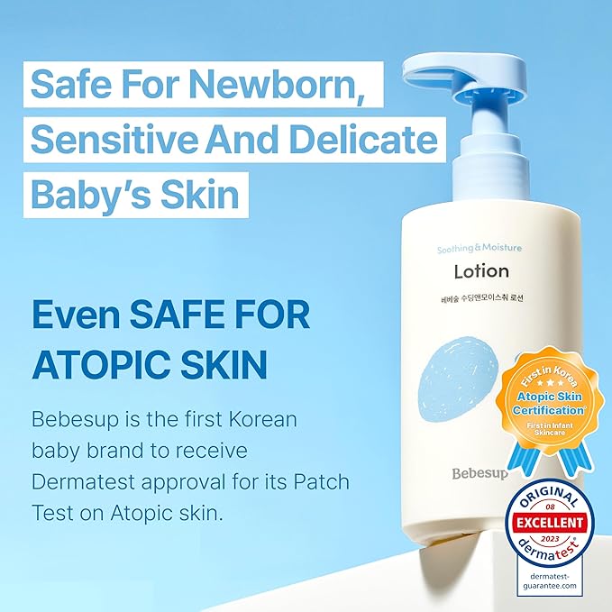BEBESUP- Daily Hydration Baby Lotion | Korean Skincare for Sensitive & Atopic Skin 100-Hour Hydration Organic Rice & Ceramide Formula Hypoallergenic Fast Absorbing 10.14 fl. oz