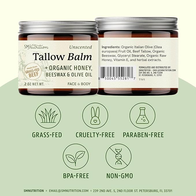 Beef Tallow Honey Balm | Face & Body | With Organic Honey, Beeswax & Olive Oil | Face Moisturizer & Body Balm | Grass Fed Beef Tallow for Skin Support | Paraben, BPA & Cruelty-Free | Unscented, 2 oz