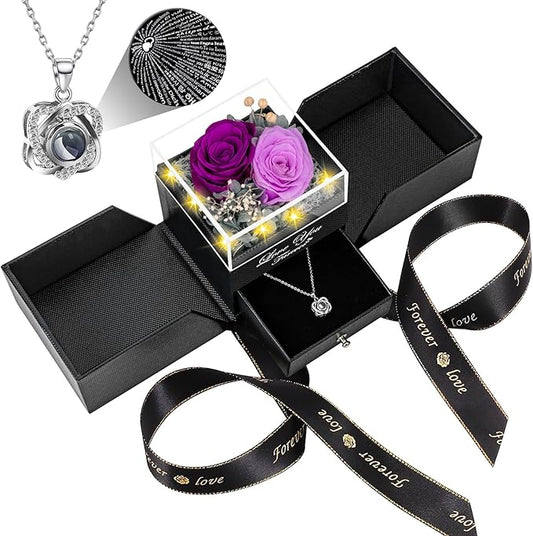 2 Preserved Real Rose with Heart I Love You Necklace- Eternal Rose Birthday Gifts for Women Wife Girlfriend Her Mom on Festivals Gifts Christmas Valentines Mothers Day Anniversary-2 Colour Purple