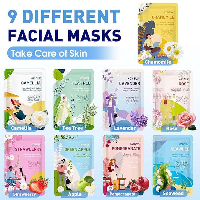 54 Pack Bulk Sheet Face Masks Skincare, Hydrating and Moisturizing Face Mask for All Skin Types, Collagen Facial Masks for Skin Care, Christmas Gifts, Stocking Stuffers for Women (9 Types x 6 Pcs)