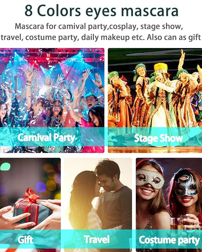 5D Colored Mascara for Eyelashes-3 Colors Blue Purple Green Longlasting Waterproof Mascara Volume and Length,Curling Fiber rimel de pestañas,Christmas Cosplay Eye Makeup Gift for Women Girl