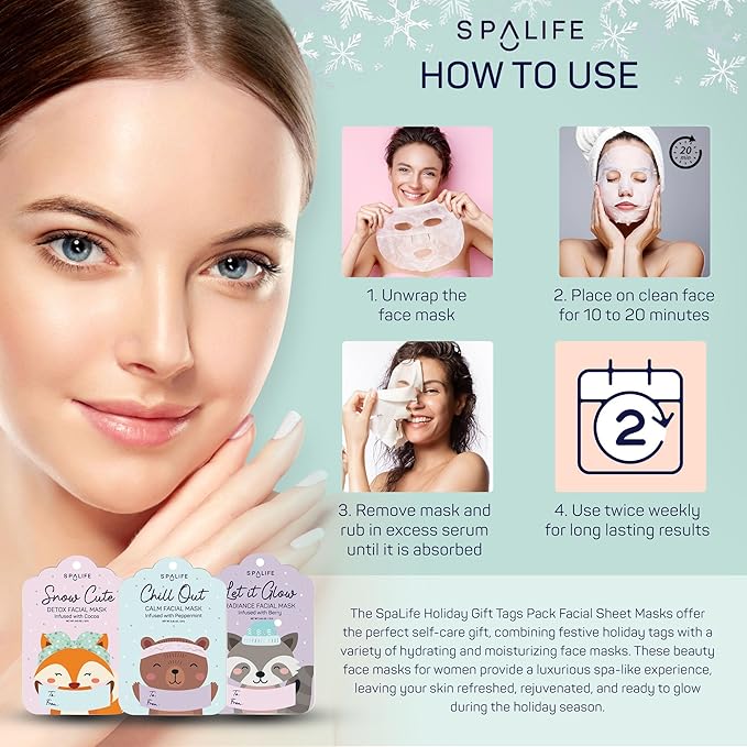 SpaLife Beauty Holiday Gift Tags Christmas Face Mask Bundle | Korean Facial Masks | Hydrating, Tone Evening, Refreshing Christmas Sheet Mask Set | Christmas Gifts for Women | 9 Pack