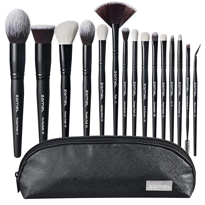 ZAMEL Professional Makeup Brush Set - 15pcs Labeled Black Foundation & Eyeshadow Brushes with Travel Case, Cruelty-Free Premium Synthetic hair Soft Bristles, Ideal for Women & Makeup Lovers