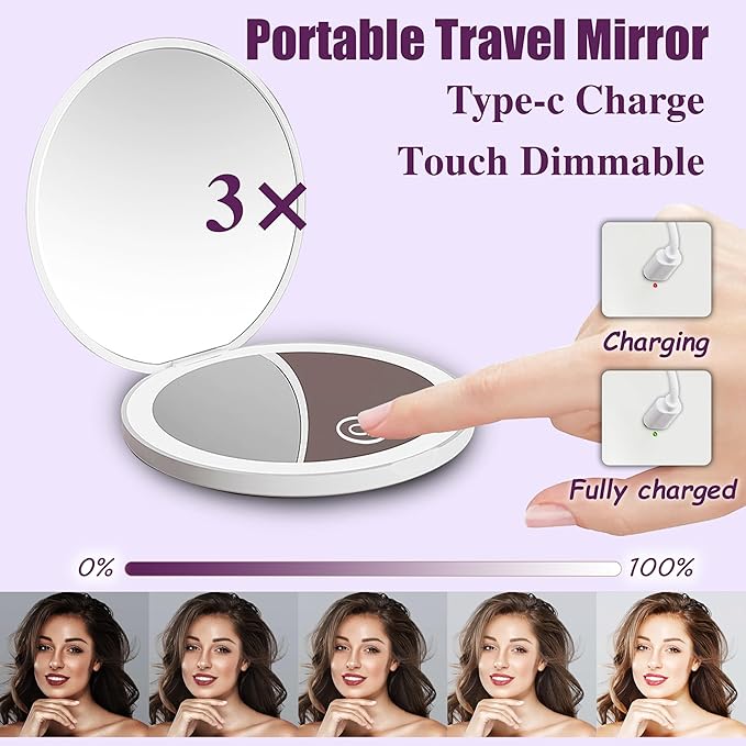 Jilier 14 pcs Mini Makeup Brushes and Pocket Mirror, Travel Makeup Brush Set, LED Compact Mirror with Light, Travel Size with Case, Portable for Handbag, Travel Essentials for Women