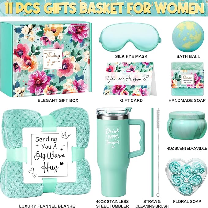Birthday Gifts for Women Self Care Get Well Soon Gifts, Ocean Relaxing Spa Gifts Box Care Package Basket w/ Luxury Flannel Blanket 40 oz Tumbler, Christmas Gifts Set for Mom Her Wife Girlfriend Sister