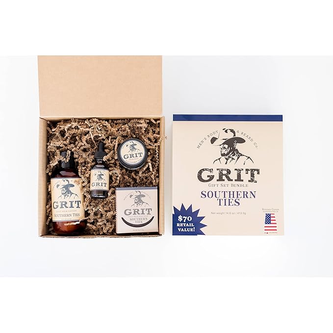 GRIT Boxed Gift Set Bundle Southern Ties - Includes 1 Soap, 1 Lotion, 1 Beard Oil, and 1 Beard Balm | All Natural | Dye-Free Lotion | Enriched with Nourishing Goat Milk |