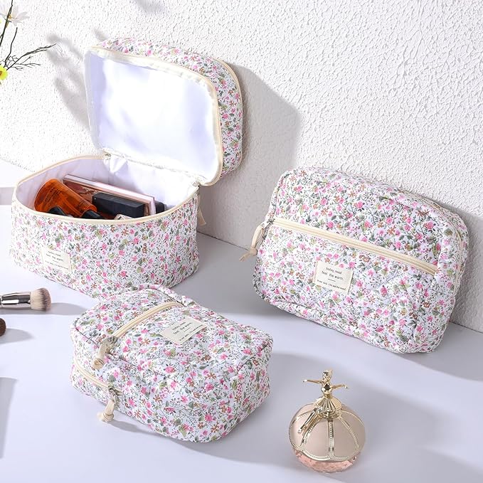 Anfly Makeup Bag, Quilted Cosmetic Bags, Large Floral Make Up Bag, Cute Makeup Bag 3PC Set for Women Girls (Little Flowers)