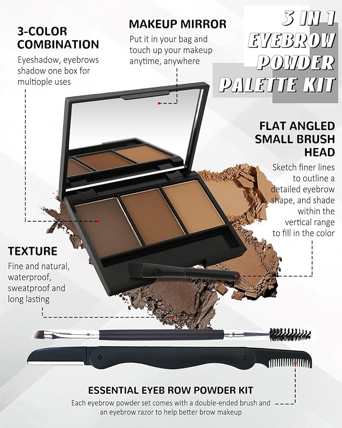 Eyebrow Powder Kit,3 Color Dark Medium Light Brown Eye Brow Powder Palette with Razor Brush, Long Lasting Waterproof Brow Filler Fill & Sculpt Full Eyebrows, Christmas Makeup Gift Set for Women-01