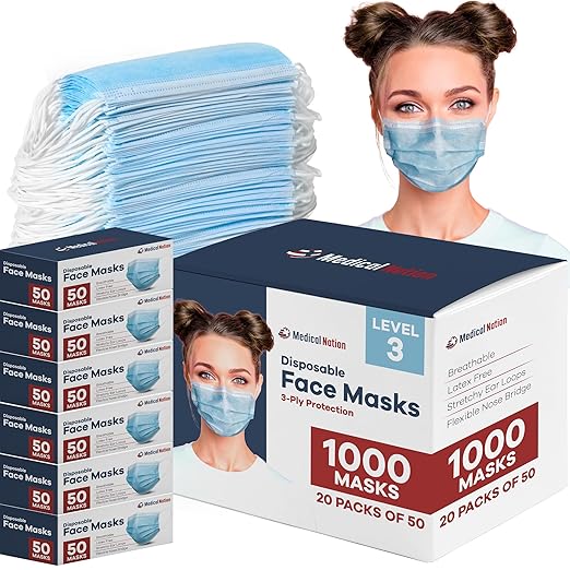 1000 Pack Blue Disposable Face Masks - Level 3 | Bulk 3 Ply Facemask Pack - Soft Breathable Latex Free Non-Woven Dust Mask with Flexible Nose Bridge & Stretchy Ear Loops (20 Packs x 50)