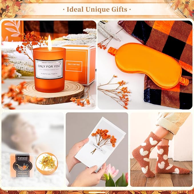 13PCS Fall Gifts Orange Gifts for Women,Thank You Birthday Baskets for Women Wife Mom Sister Friend Girlfriend Teacher Get Well Self Care Package Graduation,Sympathy,Retirement