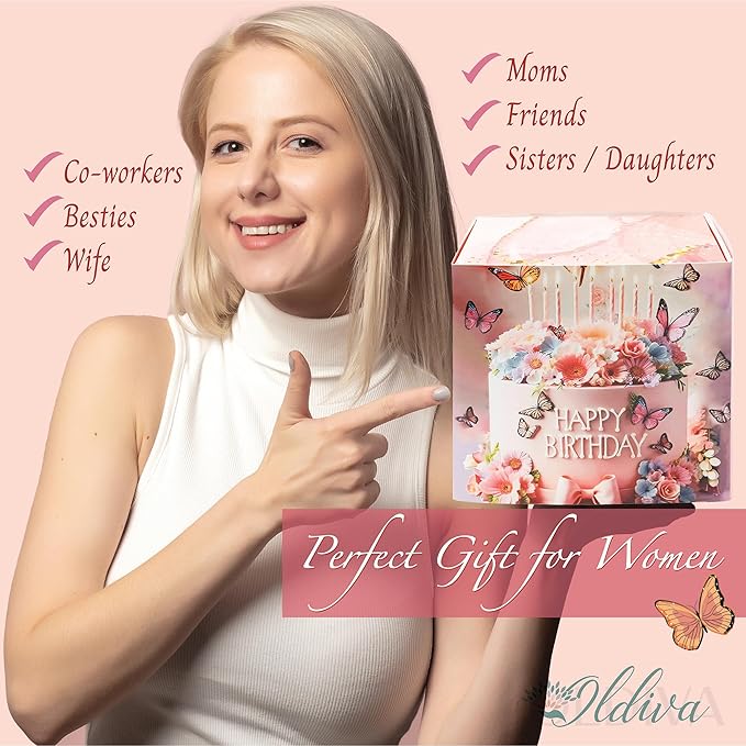 Unique Birthday Gifts for Women, Present Ideas for Her, Mom, Wife, Sister, Friend, Coworker Luxury Birthday Box for Women Gift Basket with Tumbler, Rose Soap, Mirror Birthday Greeting Card