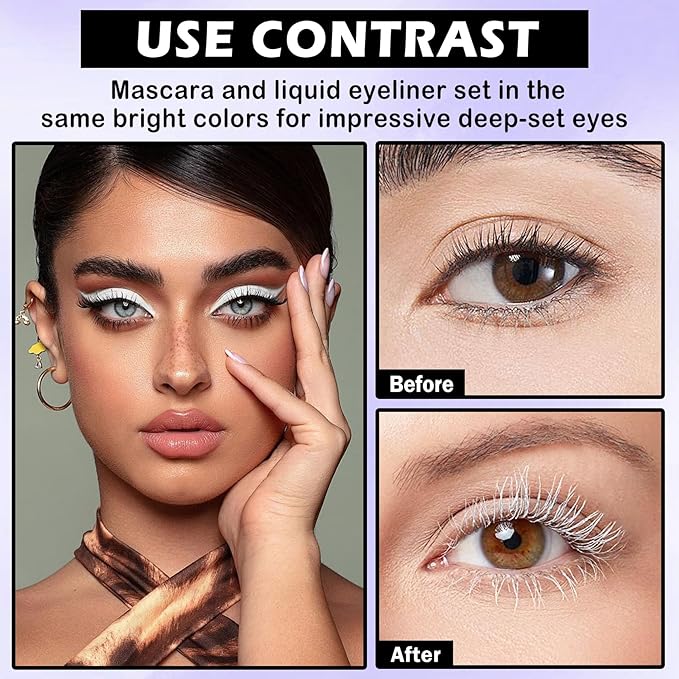 White Mascara and Eyeliner Set,5D Colored Volume and Length Waterproof,White Mascara for Eyelashes,Natural Lengthening Curling,Suitable for Women
