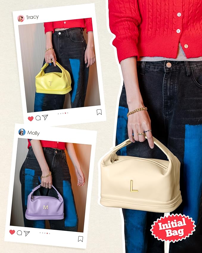 Initial Makeup Bag, Personalized Bags with Handle, Waterproof Double Layer Cosmetic Bag, Large Capacity PU Leather Makeup Bags Letter Travel Toiletry Bag with Makeup Brush Organizer