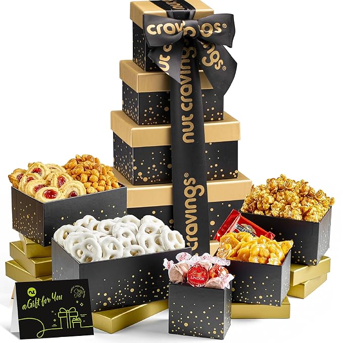 NUT CRAVINGS - Diwali Chocolate Covered Pretzels & Caramel Popcorn Gift Basket, in Black Tower + Ribbon (8 Assortments) Food Arrangement, Healthy Snack Care Package, Food Assortments