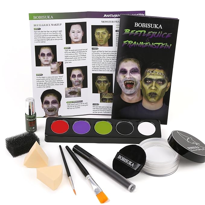 Halloween Beetle-juice Makeup & Frankenstein Makeup Kit, Face Paint SFX Character Set with Black Lipstick & Applicators for Ghost, Zombie, Grinch Special Effects Make Up, Costume Cosplay Party & Stage