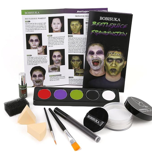 Halloween Beetle-juice Makeup & Frankenstein Makeup Kit, Face Paint SFX Character Set with Black Lipstick & Applicators for Ghost, Zombie, Grinch Special Effects Make Up, Costume Cosplay Party & Stage