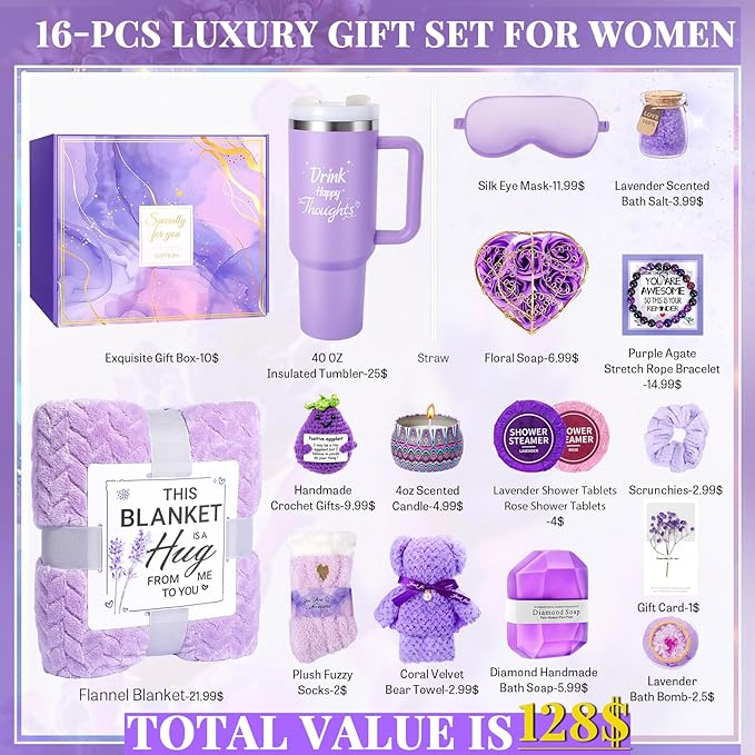 Birthday Gifts for Women Self Care Gifts Get Well Soon Gifts, Lavender Relaxing Spa Gifts Basket Care Package w/ Flannel Blanket 40 oz Tumbler, Unique Mothers Day Gifts for Mom Her Friend Sister Wife