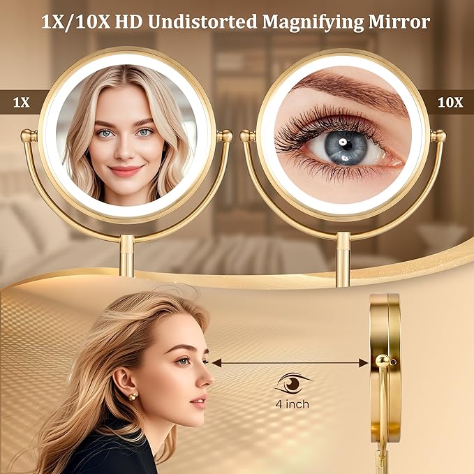 VESAUR 8.5'' Large Gold Lighted Makeup Mirror, 1X/10X Clear Seamless Magnifying Mirror, Bright Vanity Mirror with 3 Colors Dimmable Lights, Two-Sided 360°Rotation Stable Base, Luxury Nickel, Gift Box