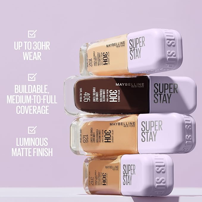Maybelline Super Stay Lumi-Matte Foundation, Lightweight and Buildable Full Coverage Foundation Makeup For Up To 30HR Wear, 400, 1 Count