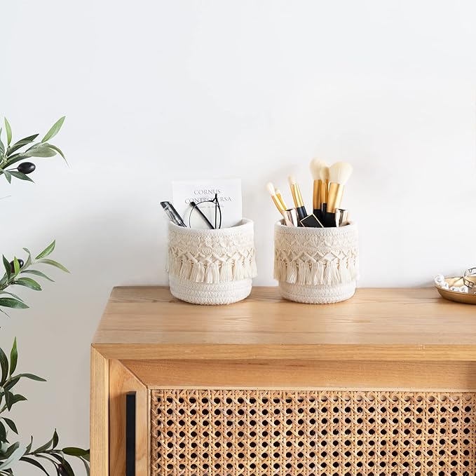 Mkono Macrame Makeup Brush Holder Organizer Comb Brushes Mini Storage Basket Set of 2 Boho Decor Baskets for Pen Pencil Box Container ,Ivory