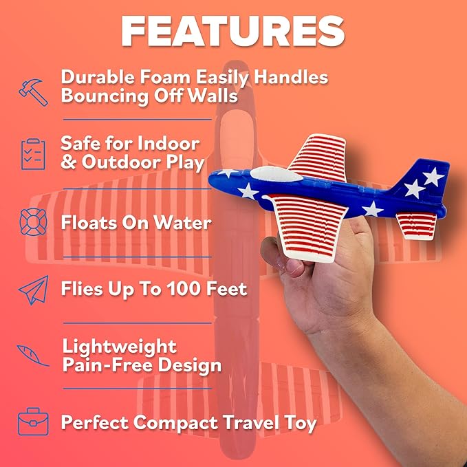 Airplane Toys for Kids: Stars & Stripes Foam Glider Plane Toy For Boys & Girls - USA Flag Design Gifts for Boys & Girls, Airplane Toy American Flag Model Color Airplanes for Outdoor Party Favor Toys