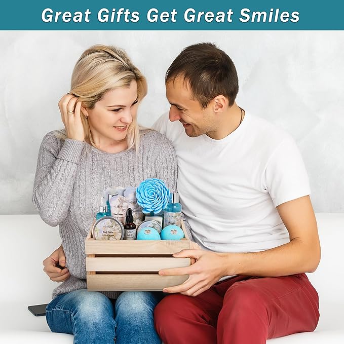 Bath Spa Gift Sets - Luxury Basket With Jasmine & Lavender - Kit With Body Wash, Bubble Baths, Lotion, Skin Butter, Soap, Towel in Premium Wooden Crate