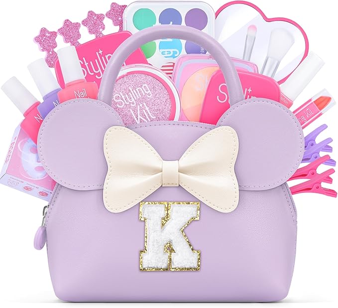 Kids Real Makeup Kit for Girls - 21Pcs Non-Toxic Make Up Toys with Initial Toddler Purse - Personalized Birthday Gifts for Age 5 6 7 8 9 10 Years Old Girls Vanity Set - Purple K