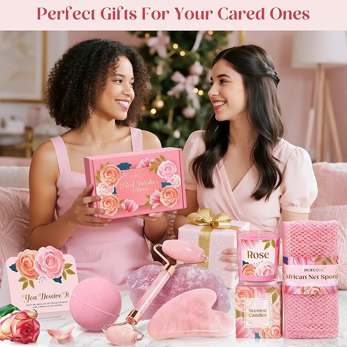 Birthday Gifts for Women - Luxurious Self Care Relaxation, Christmas, Holiday, Valentines Day Gift Ideas for Her, Friends, Wife, Mom, Daughter, Sister, Aunt, Unique Pink Beauty Gift Set