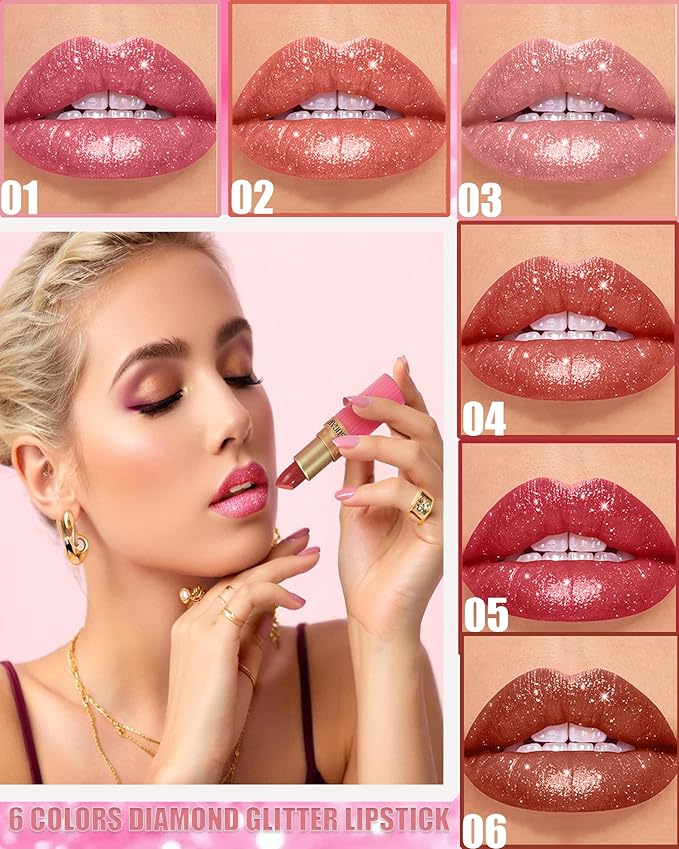 Pink Sparkling Glitter Lipstick, Long Lasting Shimmer Metallic Lipstick for Women Glitter Nude Red Waterproof Lip Gloss, Diamond Shiny Non-Stick Lipgloss Liptint Blam Lip Color labiales Makeup Gift-01