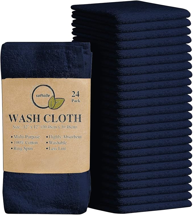 Softolle 100% Cotton Washcloths 24 Pack (12x12 Inches) Soft, Highly Absorbent Washcloth, Face Towels, Wash Cloths for Face, Ring Spun, Bulk Pack (Navy Blue)