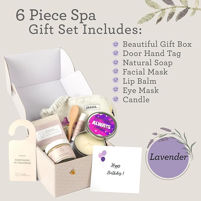 Lizush Luxury 6-Piece Lavender Spa Kit for Women - Relaxation Spa Gift Basket, Self-Care Care Package for Wife - Happy Birthday - Handmade in The USA
