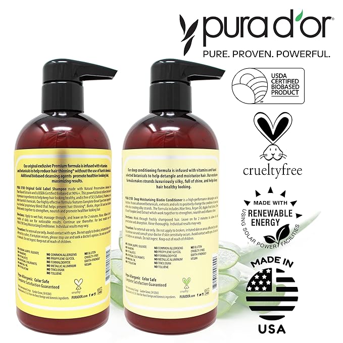 PURA D'OR Anti-Thinning Biotin Shampoo & Deep Moisturizing Conditioner Original Gold Label Set (16oz x2) Natural Earthy Scent, CLINICALLY TESTED Effective Results, Hair Thickening Product, Women & Men