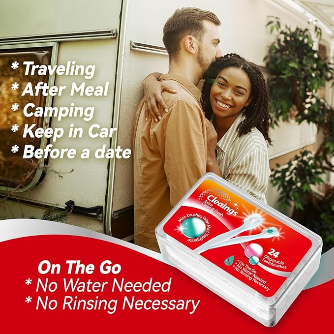 cleaings® Mini Brushes-Disposable Toothbrushes with Toothpaste and Pick for Work or Travel, 24 Count (Iced Peach Flavor（Pack of 1）)