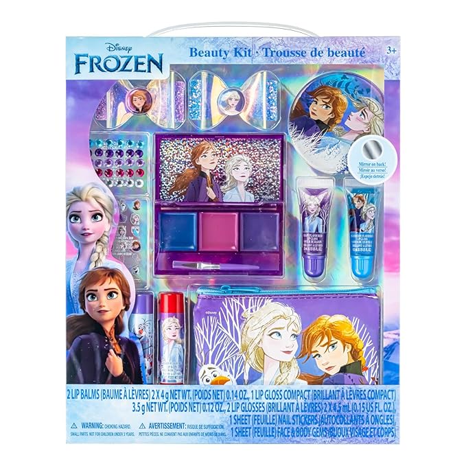 Disney Frozen - Townley Girl Super Sparkly Cosmetic Beauty Makeup Set For Girls with Clips, Lip Gloss, Nail Stickers, Lip Balm, Nail Gems and Mirror For Parties, Sleepovers & Makeovers