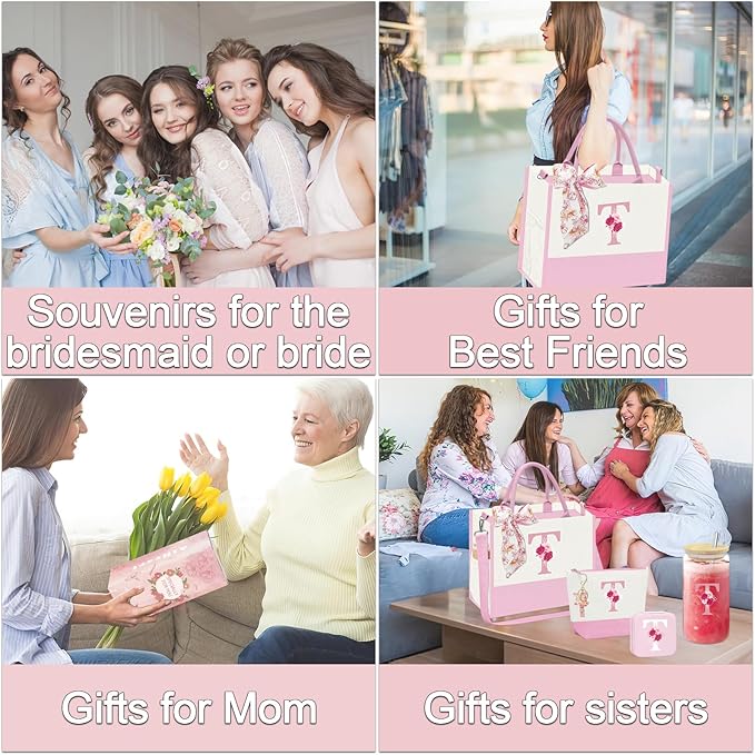 Gifts for Women,Initial Canvas Tote Bag,Personalized Gift for Woman,Monogrammed Gifts for Women,Initial Makeup Bag,Birthday Gift for Mom,present for Niece Sister-T