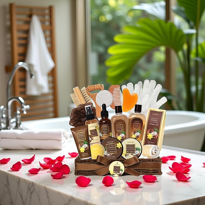 Spa Basket for Women, Coconut Vanilla Bath & Body Set, Christmas & Birthday Gift, Unique Gift with Bath Bombs, Body Lotion, Spa Bath Sets for men Gift Home Spa Set Luxurious Bath Gift & More
