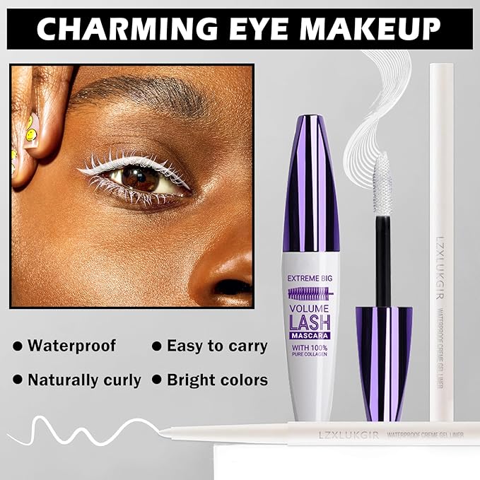 White Mascara and Eyeliner Set,5D Colored Volume and Length Waterproof,White Mascara for Eyelashes,Natural Lengthening Curling,Suitable for Women