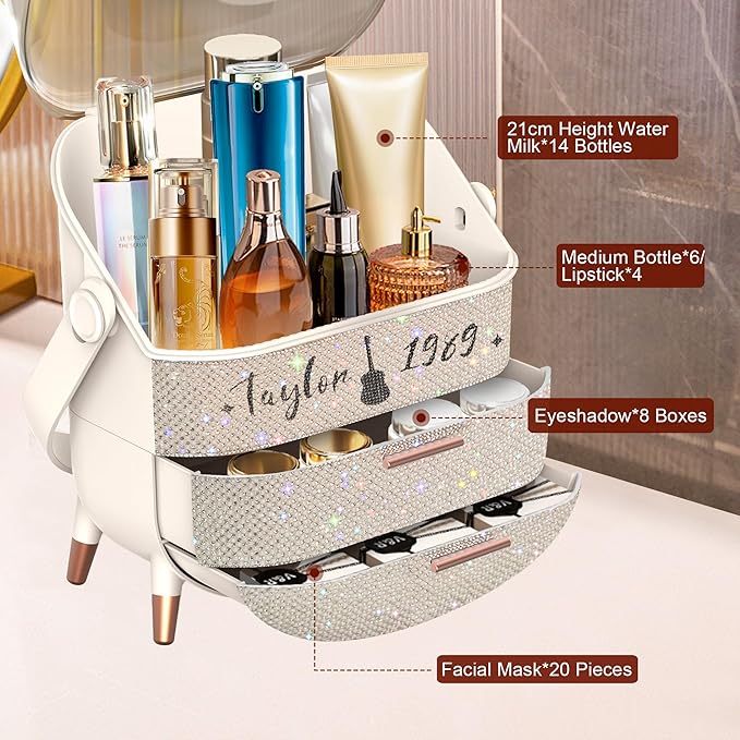 Bling Makeup Organizer for Teen Girl Gift,Hollywood Vanity Makeup Storage Box for Girl Birthday Gift,Practical Gift for Daughter,Bathroom Organizer,Skincare Organizer (Rhinestone Taylor)