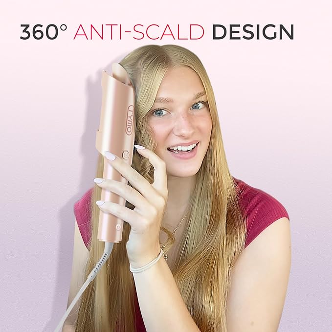 TYMO Automatic Rotating Curling Iron - TYMO CURLPRO Beach Waves Curling Wand, Portable Hair Curler, 500 Million Ionic, Dual Voltage & Lightweight for Travel, Ceramic Coating, 1 Inch, Peach