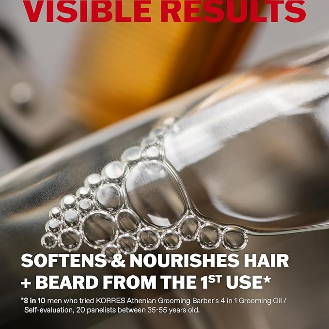 KORRES Athenian Grooming 4-in-1 Men’s Care Oil, Dry Oil for Hair & Beard with Achillea Millefolium, Abyssinian, Almond & Olive Oils, Detangles, Softens, Vegan, Silicone & Paraben Free, 3.38 Fl Oz