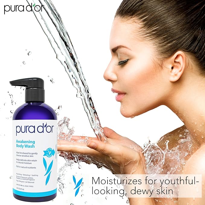 PURA D'OR Awakening Body Wash (16oz x3 = 48oz) Aloe Vera, Chamomile, Lavender, Tea Tree for Invigorating Earthy Scent, pH Balanced for Moisturized Soft, Fresh-Feeling Skin, All Skin Types, Men & Women