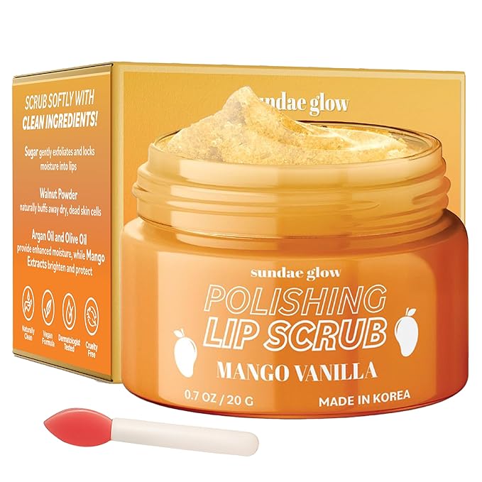 Mango Vanilla Lip Scrub - Dermatologist Tested, Anti-Aging, Korean Skin Care, Deep Exfoliation & Hydration - Smooth, Soft, Plump Lips - Clean Beauty, Vegan, Non-GMO - 1 Pack
