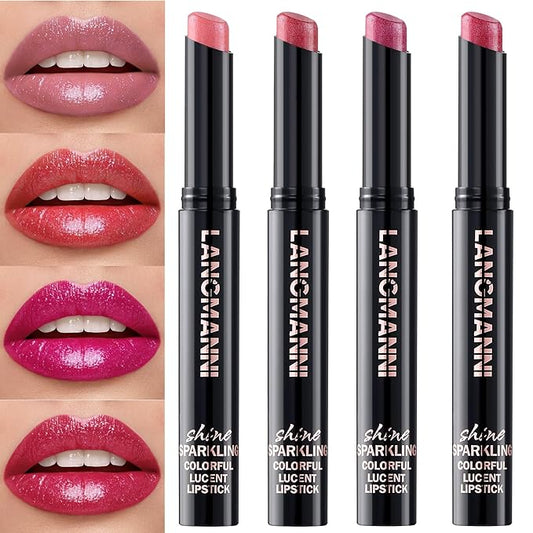 Jolilab 4Pcs Sparkling Lipstick Lip Gloss Long Lasting Waterproof Moisturizer Lip Balm Glitter Shimmer Metallic Lipstick, Diamond Shiny Bold Glow Goth Lipstick for Women Girls,Non-sticky(01+02+07+08