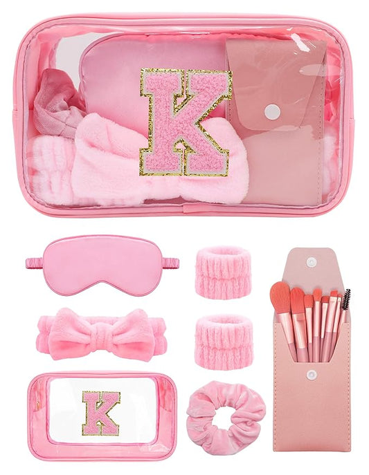 Gift Sets for Women, Initial Makeup Bag with Makeup Brush Set Bachelorette Party Favors, Pink Spa Kit with Skincare Headbands Wrist Bands Sleepover Party Supplies Gifts for Teen Girls Bridesmaid K
