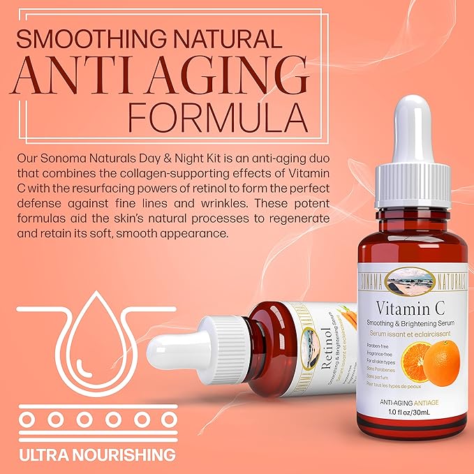 Vitamin C and Retinol Serum for Face, 1 oz. two-pack | Day & Night Kit | Smoothing Natural Anti-Aging Formula | Facial Serum for All Skin