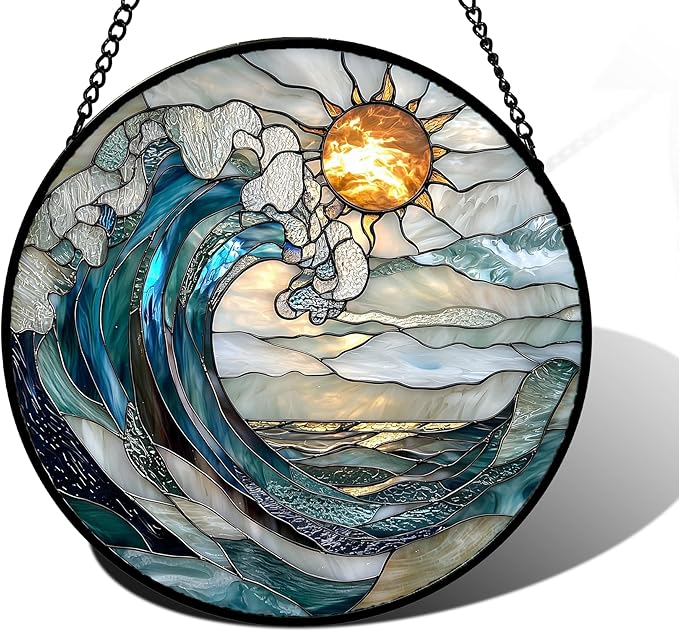 Stained Glass Window Hanging, Blue and White Waves Suncatcher Diamond Glass Panel Landscape Sun Catchers Decor for Birthday for Women, Men, Wife, Aunt, and Mom 11.8x11.8 in